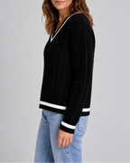 Women's Cable Knit Jumper with V Neck and Contrast Stripe Trim