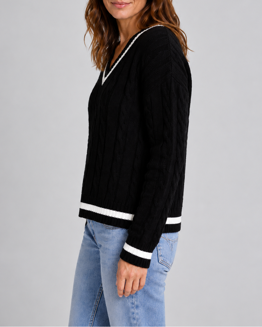 Women's Cable Knit Jumper with V Neck and Contrast Stripe Trim