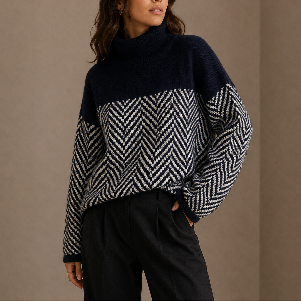 Women's Knit Turtleneck Jumper with Herringbone Pattern