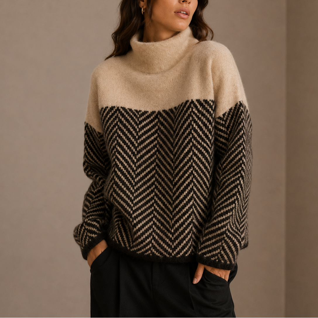 Women's Knit Turtleneck Jumper with Herringbone Pattern