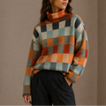 Women's Knit Turtleneck Jumper with Multicolour Checkered Pattern