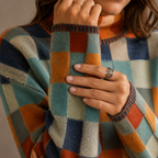 Women's Knit Turtleneck Jumper with Multicolour Checkered Pattern