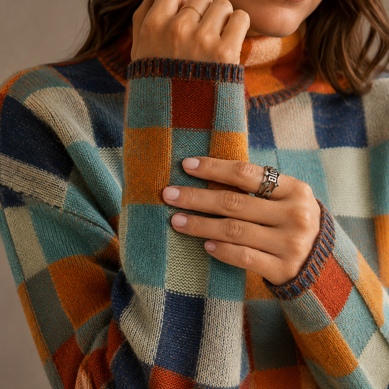 Women's Knit Turtleneck Jumper with Multicolour Checkered Pattern