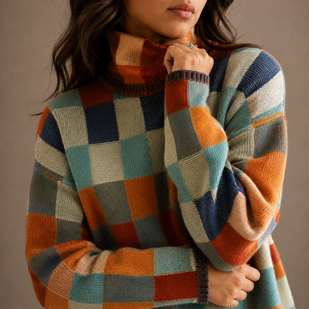 Women's Knit Turtleneck Jumper with Multicolour Checkered Pattern