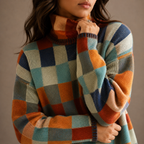 Women's Knit Turtleneck Jumper with Multicolour Checkered Pattern