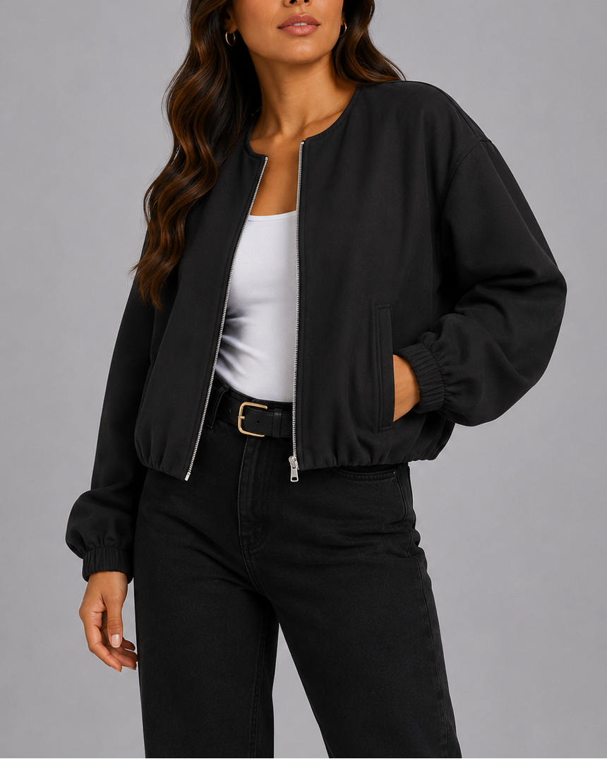 Women's Cropped Bomber Jacket with Zip Front and Pockets