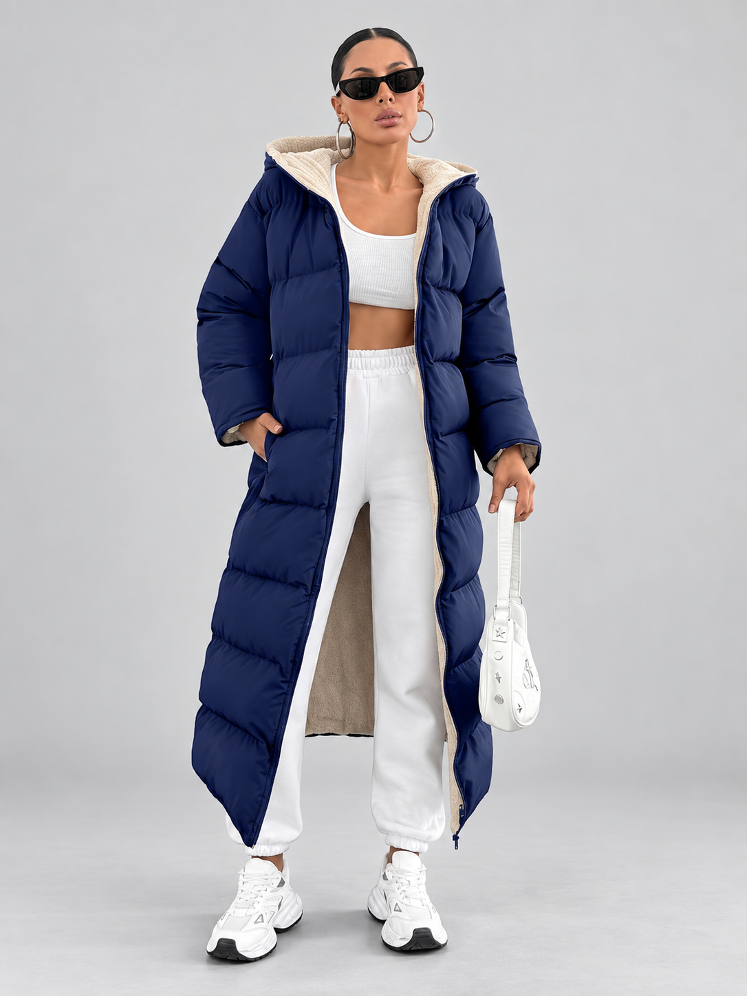Women's Maxi Puffer Coat with Sherpa Lined Hood and Zip Front