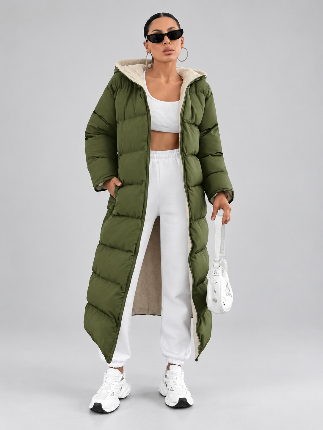 Women's Maxi Puffer Coat with Sherpa Lined Hood and Zip Front