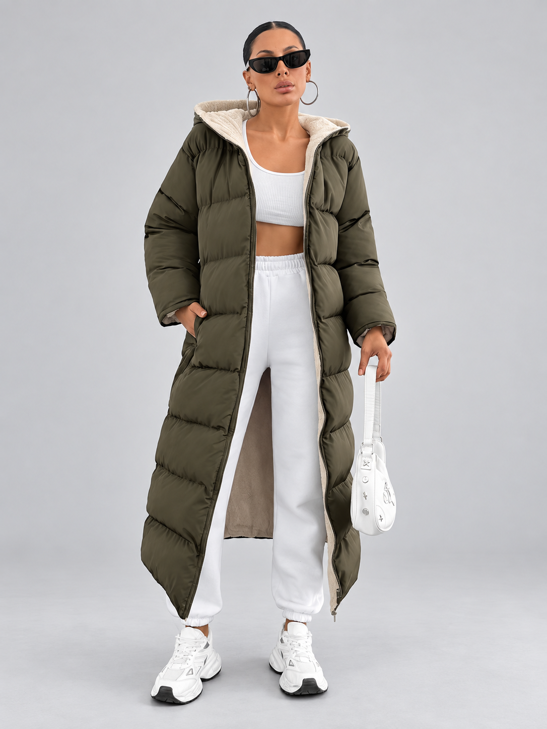 Women's Maxi Puffer Coat with Sherpa Lined Hood and Zip Front