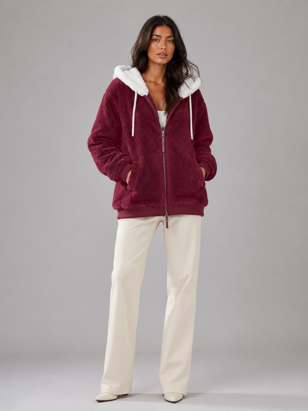 Women's Oversized Sherpa Fleece Jacket with Hood and Zip Front