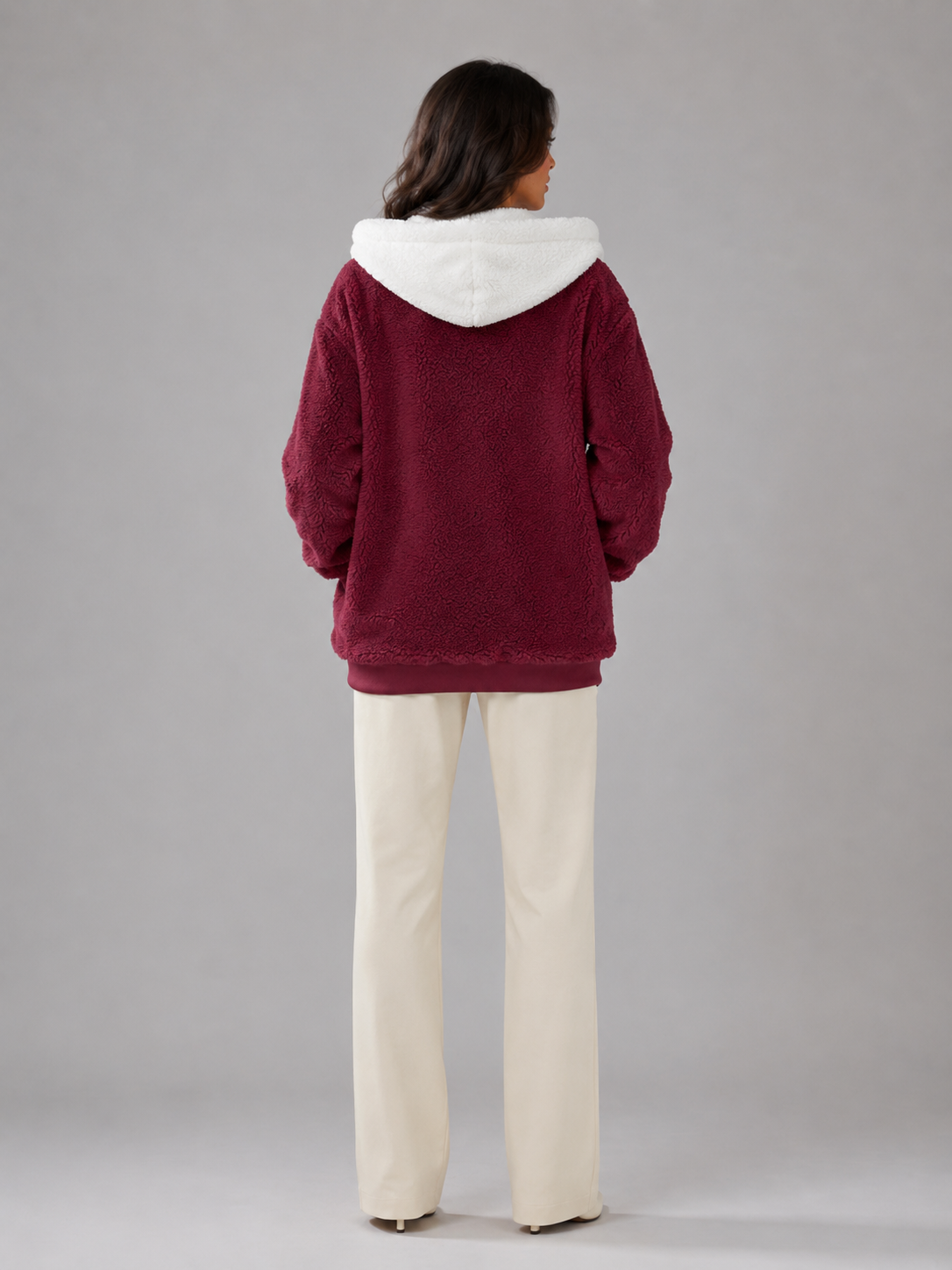 Women's Oversized Sherpa Fleece Jacket with Hood and Zip Front