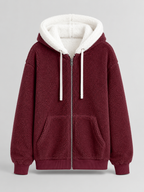 Women's Oversized Sherpa Fleece Jacket with Hood and Zip Front