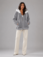 Women's Oversized Sherpa Fleece Jacket with Hood and Zip Front