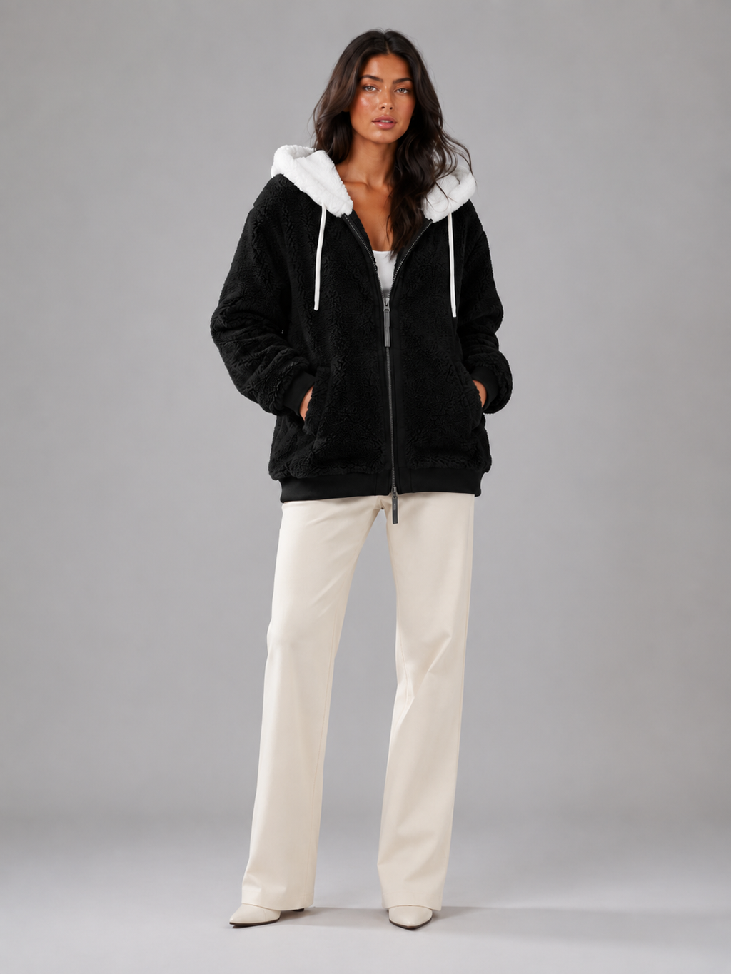 Women's Oversized Sherpa Fleece Jacket with Hood and Zip Front