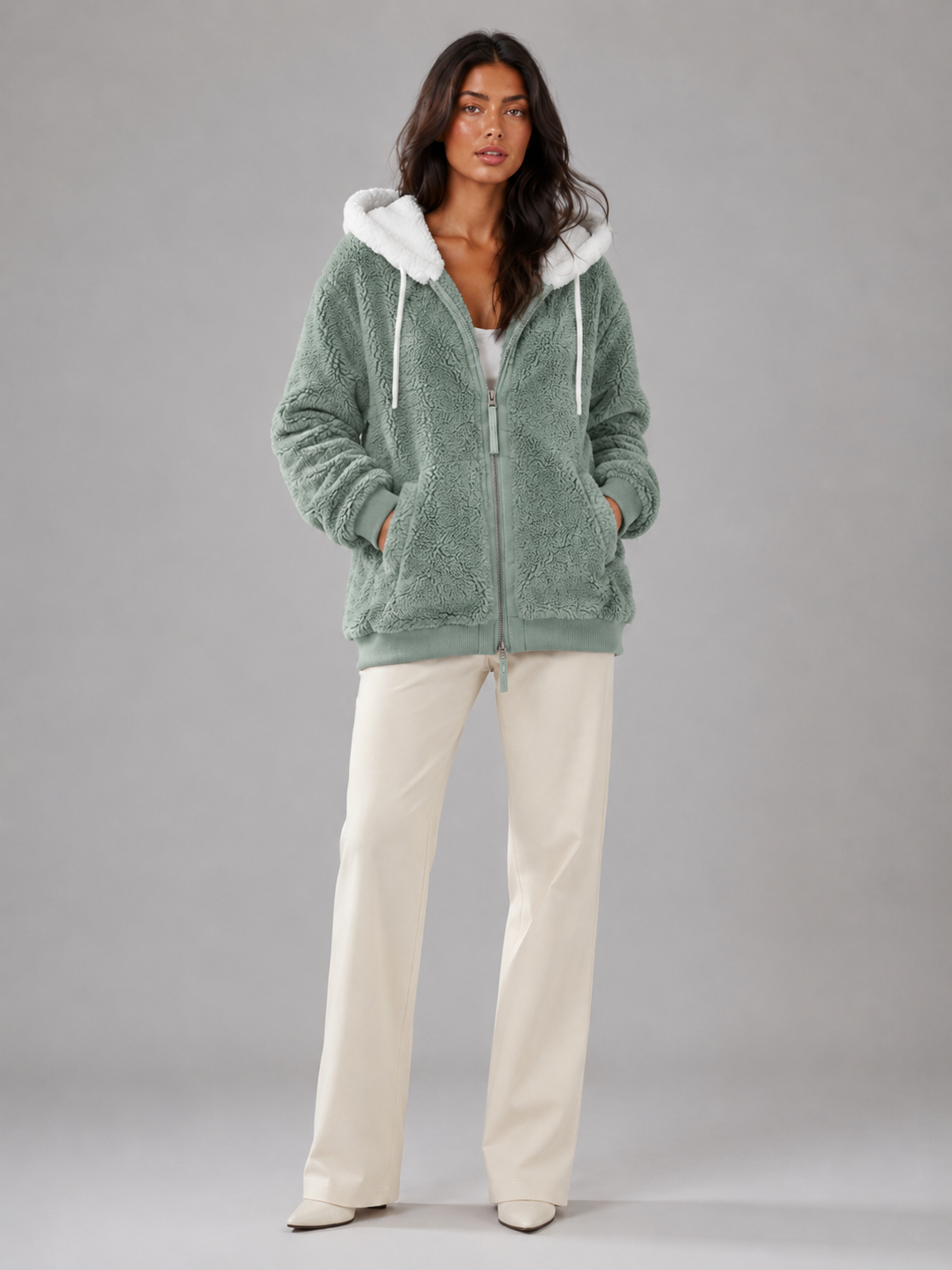 Women's Oversized Sherpa Fleece Jacket with Hood and Zip Front