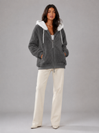 Women's Oversized Sherpa Fleece Jacket with Hood and Zip Front