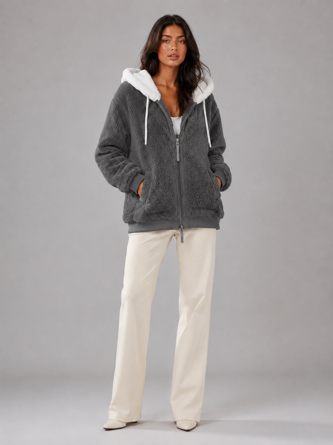 Women's Oversized Sherpa Fleece Jacket with Hood and Zip Front