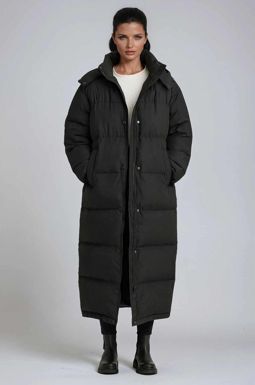 Women's Longline Padded Puffer Jacket with Hood and Stand Collar