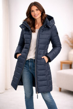 Women's Longline Hooded Puffer Jacket with Zip Front and Pockets