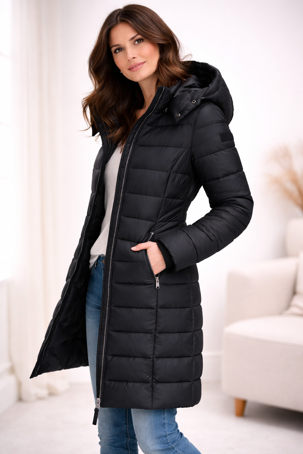 Women's Longline Hooded Puffer Jacket with Zip Front and Pockets
