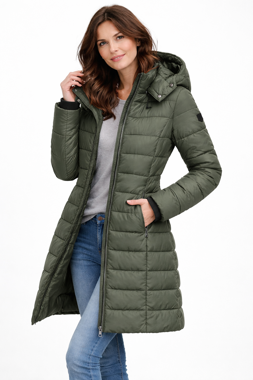 Women's Longline Hooded Puffer Jacket with Zip Front and Pockets