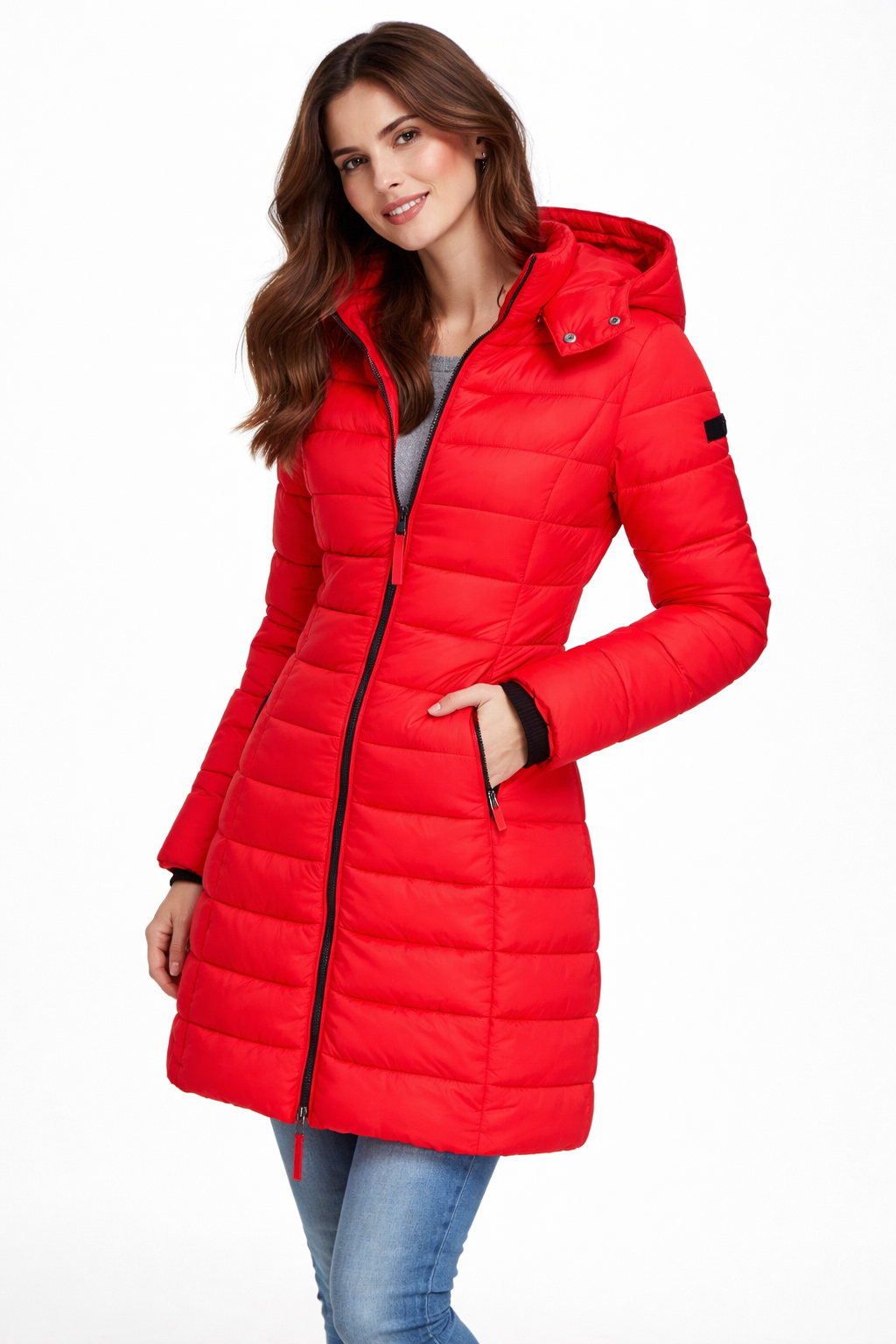 Women's Longline Hooded Puffer Jacket with Zip Front and Pockets