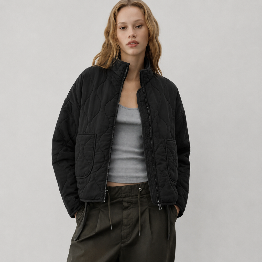 Women's Quilted Jacket with High Collar and Patch Pockets