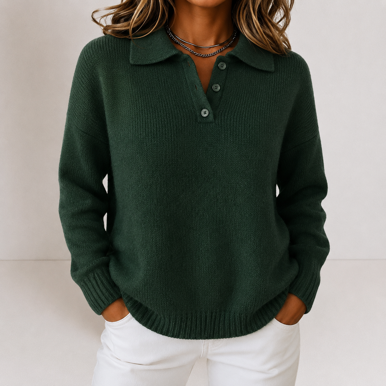 Women's Knit Jumper with Polo Collar and Button Placket