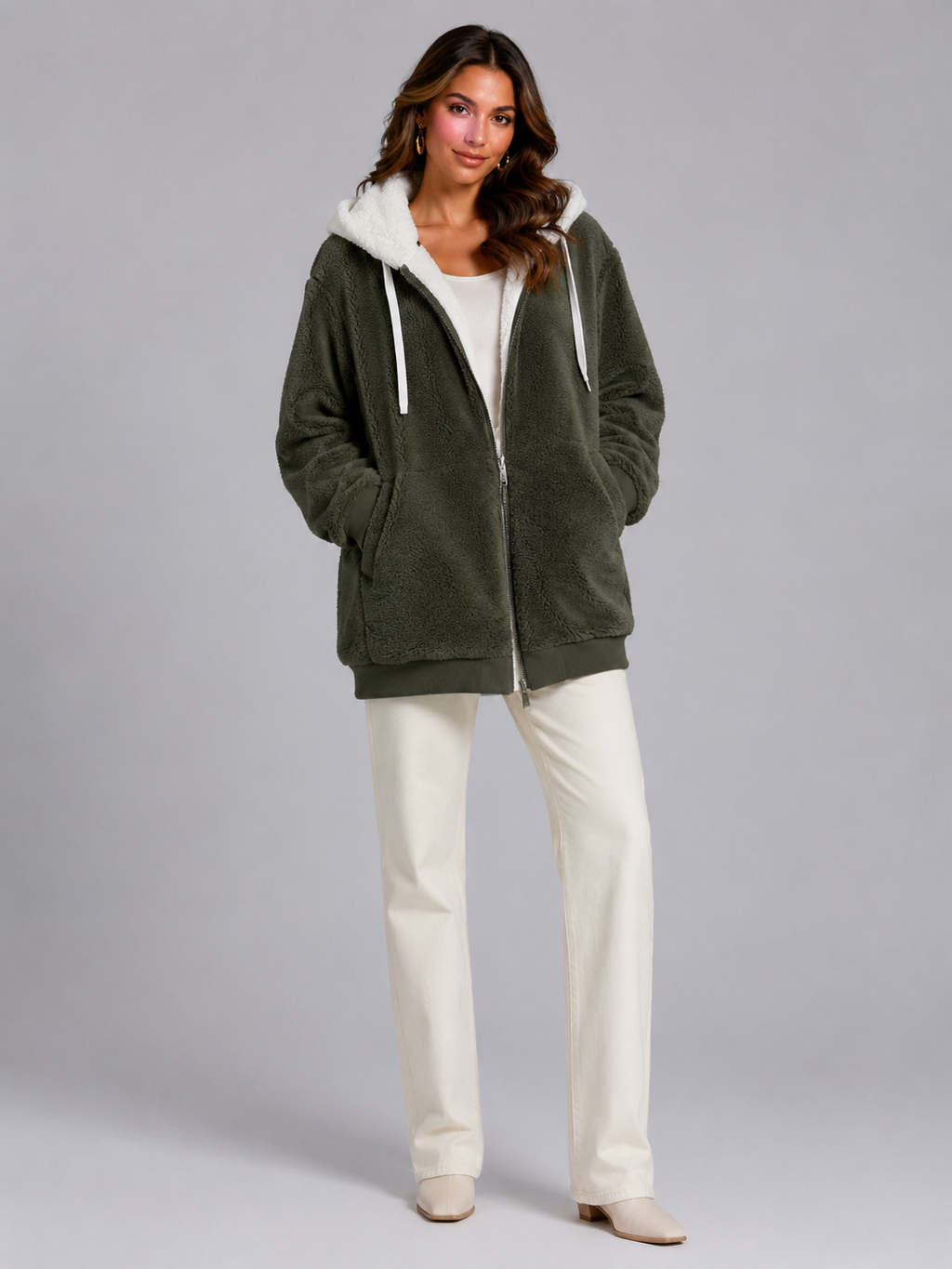 Women's Oversized Sherpa Fleece Jacket with Hood and Zip Front