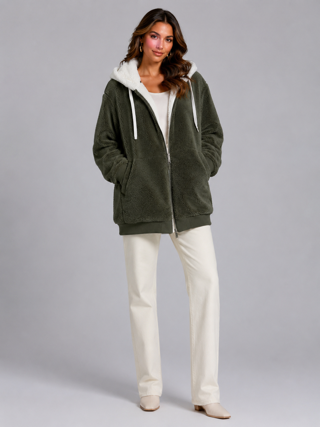 Women's Oversized Sherpa Fleece Jacket with Hood and Zip Front