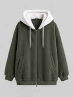 Women's Oversized Sherpa Fleece Jacket with Hood and Zip Front