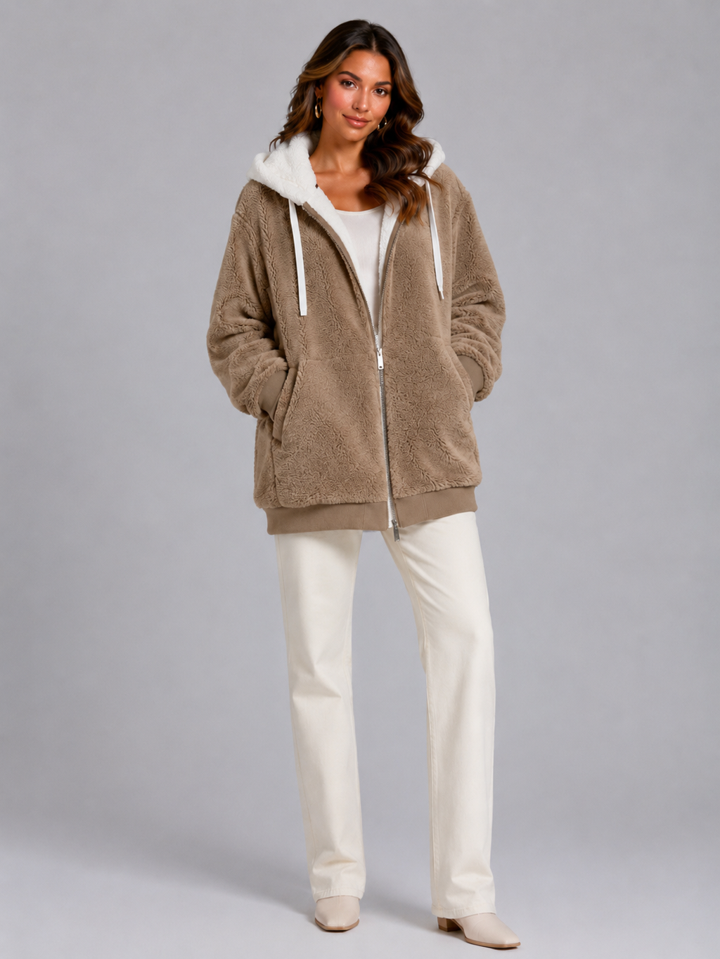 Women's Oversized Sherpa Fleece Jacket with Hood and Zip Front