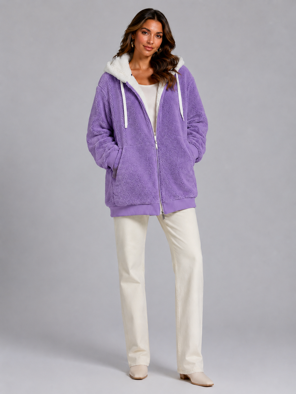 Women's Oversized Sherpa Fleece Jacket with Hood and Zip Front