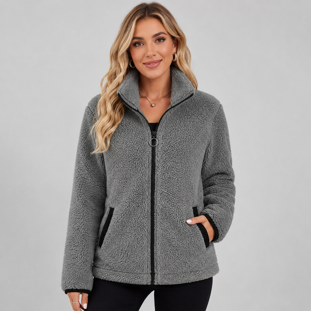 Women's Teddy Fleece Jacket with Stand Collar and Pockets