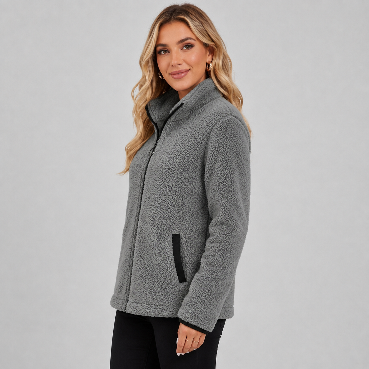 Women's Teddy Fleece Jacket with Stand Collar and Pockets