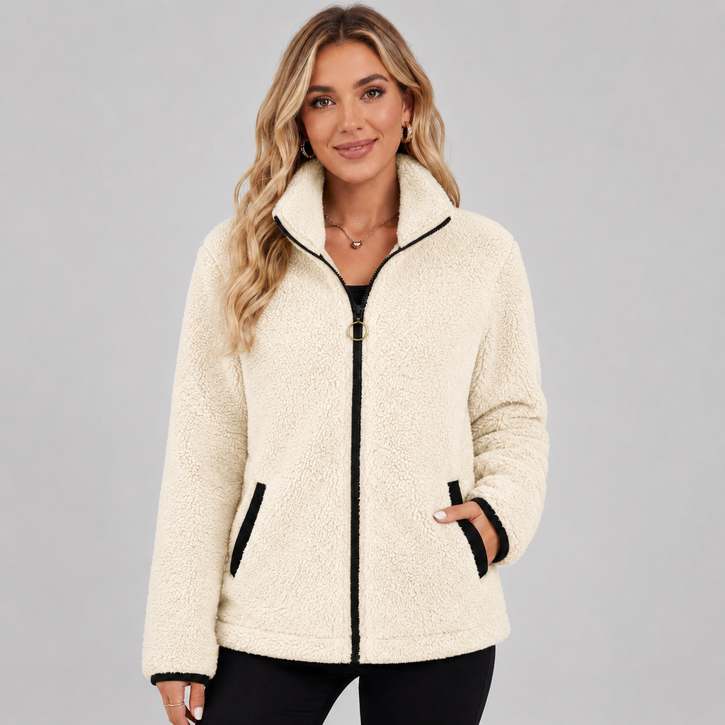 Women's Teddy Fleece Jacket with Stand Collar and Pockets