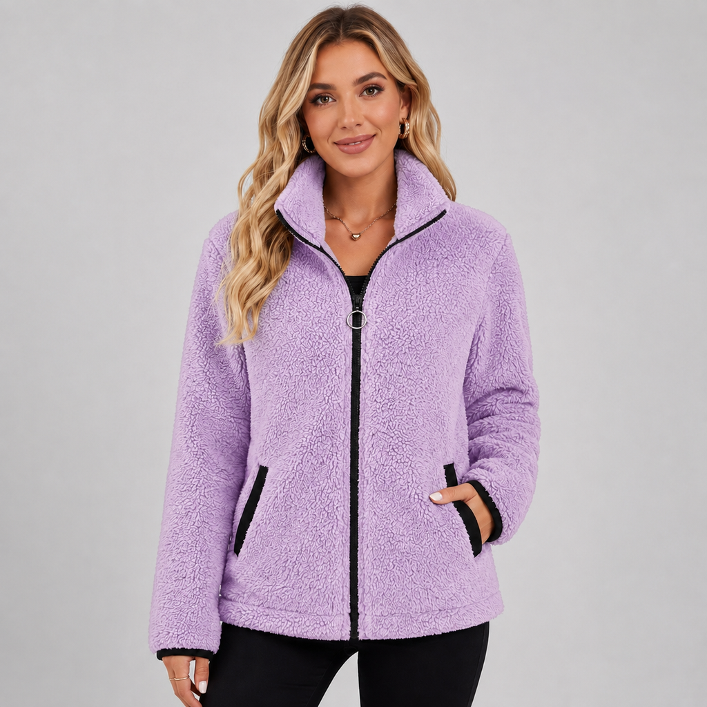 Women's Teddy Fleece Jacket with Stand Collar and Pockets
