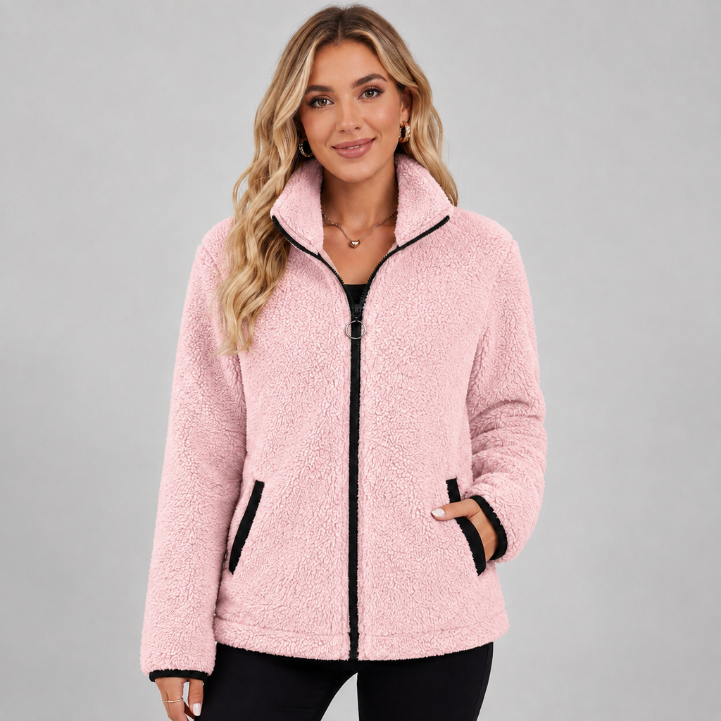 Women's Teddy Fleece Jacket with Stand Collar and Pockets