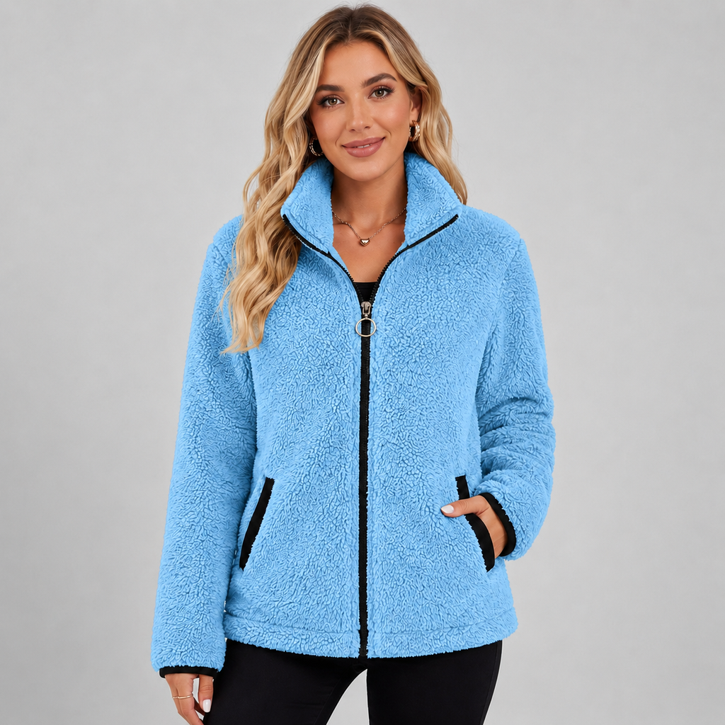 Women's Teddy Fleece Jacket with Stand Collar and Pockets