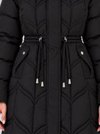 Women's faux fur hooded puffer coat with a drawstring waist