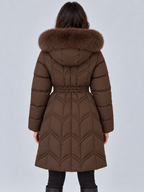 Women's faux fur hooded puffer coat with a drawstring waist