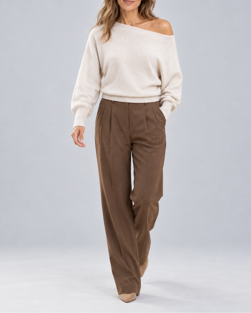 Women's knit jumper with off shoulder neckline and asymmetric hem in white