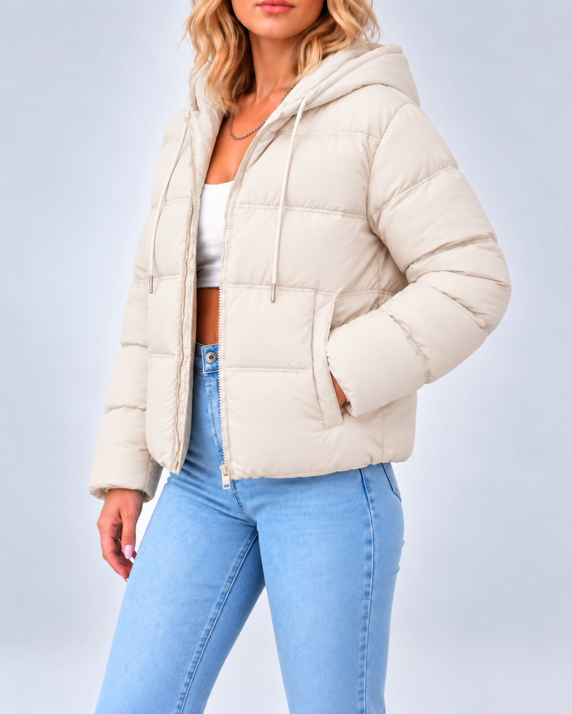 Women's Cotton Padded Hooded Puffer Jacket with Zip Front and Pockets