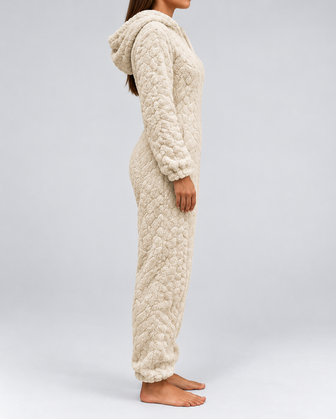 Women's Hooded Teddy Fleece Jumpsuit with Zip Front and Cuffed Ankles