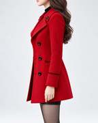 Women's Double Breasted Pea Coat with Notch Lapels and Piped Trim