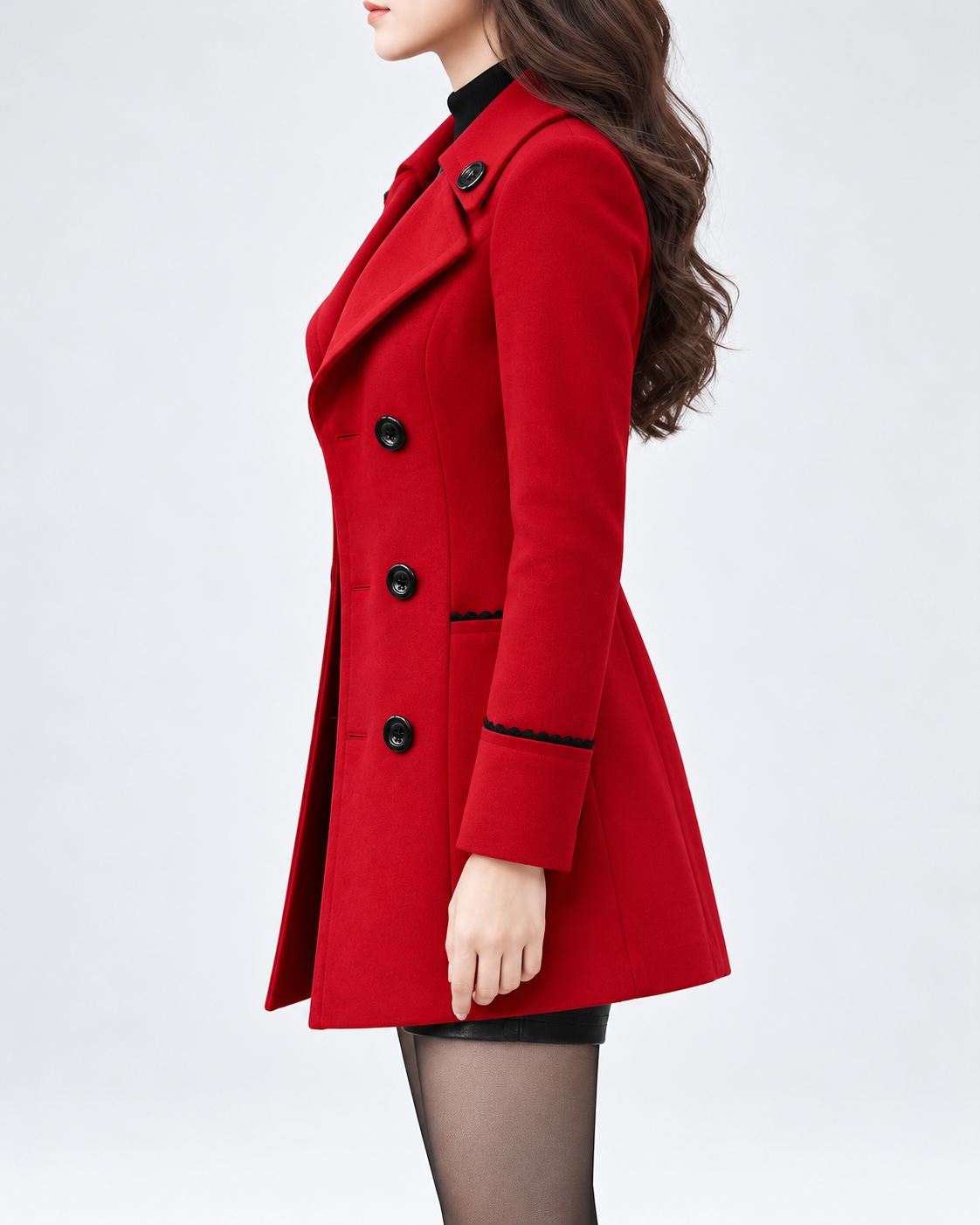 Women's Double Breasted Pea Coat with Notch Lapels and Piped Trim