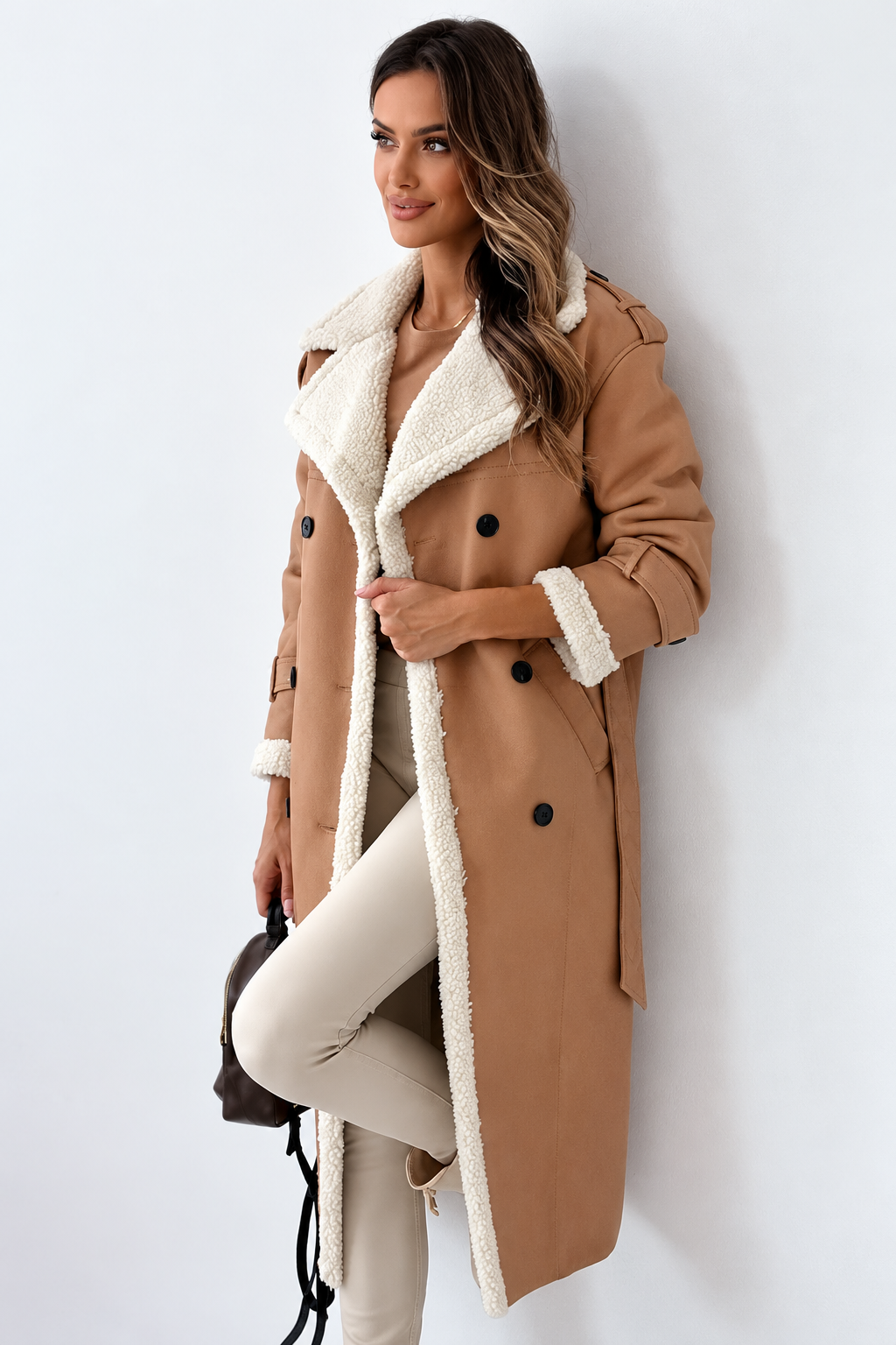 Women's Longline Belted Aviator Coat with Borg Trim