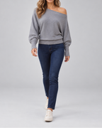Women's knit jumper with off shoulder neckline and asymmetric hem in grey