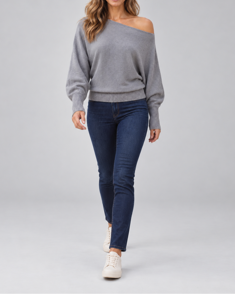 Women's knit jumper with off shoulder neckline and asymmetric hem in grey