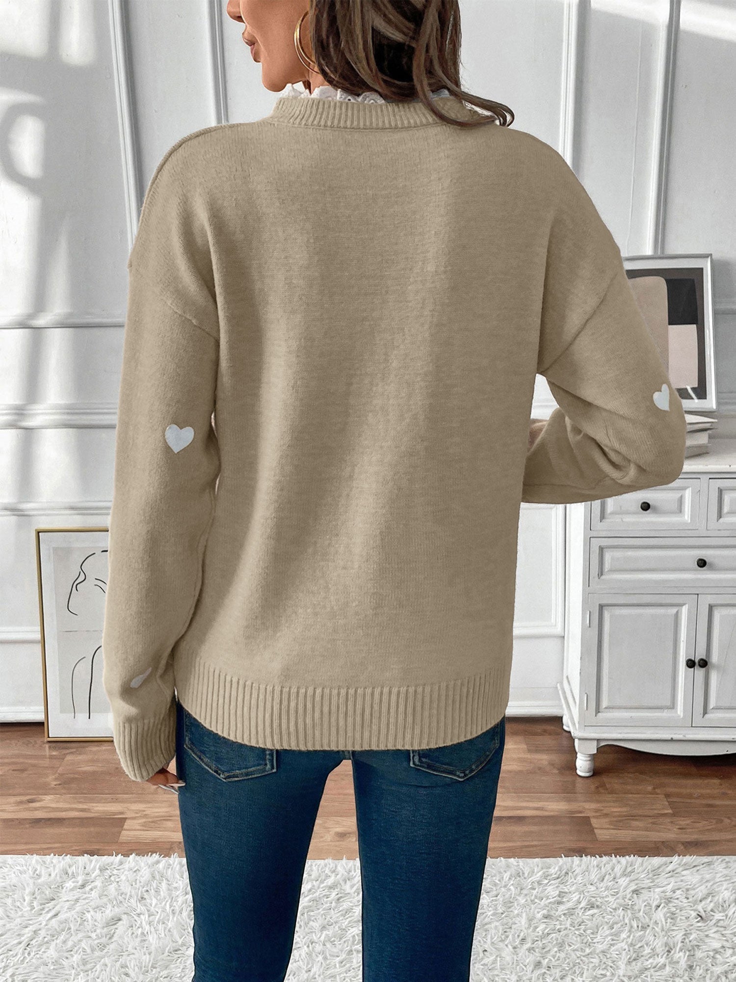 Women's Knit Jumper with Heart Print and Lace V Neckline